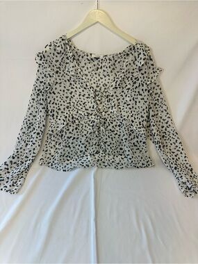 Women's Black and White Printed Ruffle Blouse
